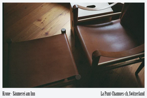 Hand-crafted leather chair, Krone La Punt Engadin sustainable hotel interior