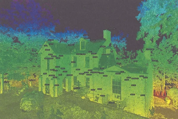 Reflected Heritage: Digital Cultural Landscapes of the US National Park Service, 2025 – Composite project drawing visualising thermal-lidar scans that merge historic architecture with its living environmental envelope