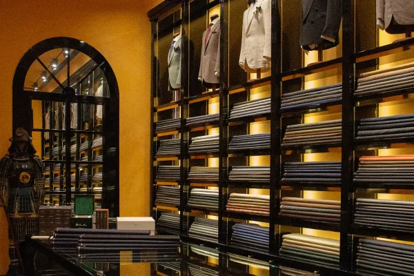 Rubinacci boutique in Via del Gesù, Milan, opened in 2015 and has been designed as a gents club, a salotto where to discuss sartorial culture