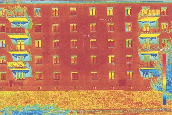TEPIDERMITECTURE, 2025 – Immagine termica di “Epidermitecture”: la facciata si tinge di biopatine che filtrano gli inquinanti, abbassano l’isola di calore e ospitano micro-ecosistemi urbani